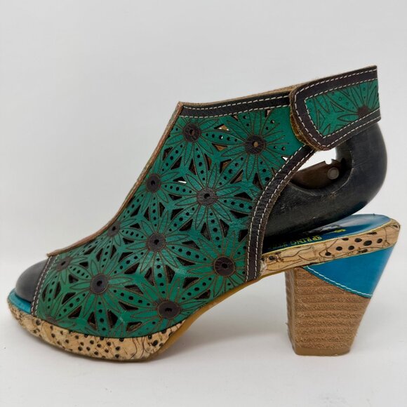 L'Artiste Hand Painted Leather Slingback Block Heels 7.5-8 - Picture 3 of 15